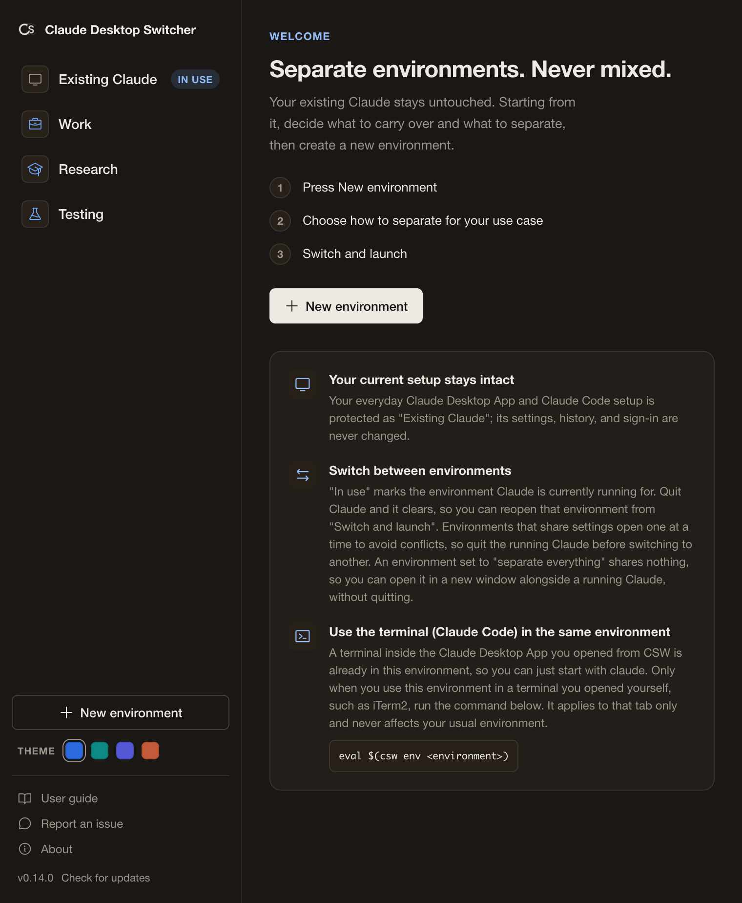 First-run onboarding explaining that the existing setup is preserved