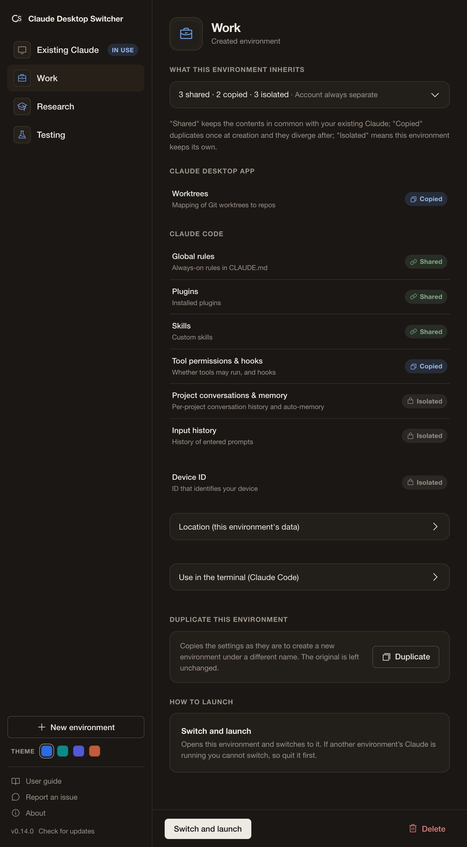 CSW settings window showing an environment's paths and a per-component carry-over matrix